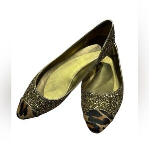 Nine West Gold Glitter Flats with Leopard Print Toe size 7